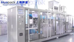 Горизонтальная фасовочно-упаковочная машина для пауч-пакетов со штуцером с двумя дозирующими головками