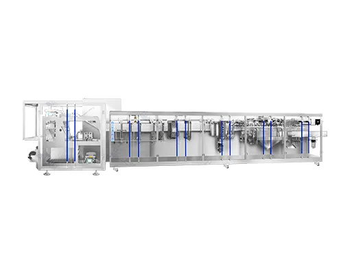 Горизонтальная фасовочно-упаковочная машина для пакетов дой-пак со штуцером с двумя дозирующими головками
