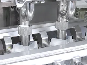 Сервоприводная машина для упаковки в пауч-пакеты с носиком из рулонной плёнки с двумя наполнительными головками