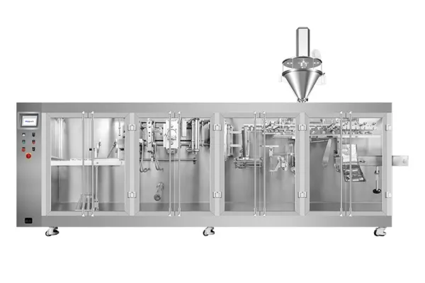 Горизонтальная фасовочно-упаковочная машина для плоских пауч-пакетов с одной дозирующей головкой