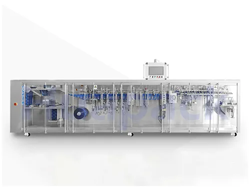 Горизонтальная фасовочно-упаковочная машина для формирования фигурных пауч-пакетов из рулона с четырьмя дозирующими головками