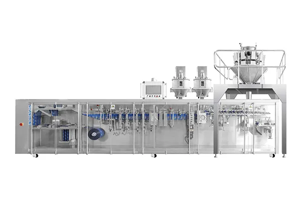 Горизонтальная фасовочно-упаковочная машина для формирования фигурных пауч-пакетов из рулона с одной дозирующей головкой