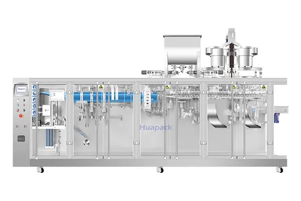 Горизонтальная фасовочно-упаковочная машина для пауч-пакетов со штуцером с двумя дозирующими головками