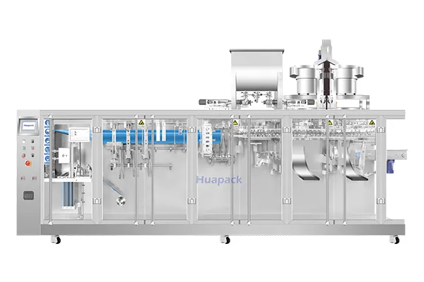Горизонтальная фасовочно-упаковочная машина для пауч-пакетов с зип-замком с двумя дозирующими головками