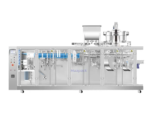 Горизонтальная фасовочно-упаковочная машина для пауч-пакетов с зип-замком с двумя дозирующими головками