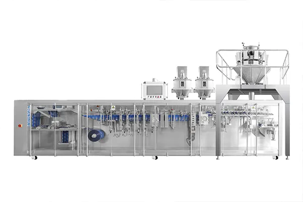 Сервоприводная машина для упаковки в стоячие пауч-пакеты из рулонной плёнки с четырьмя наполнительными головками